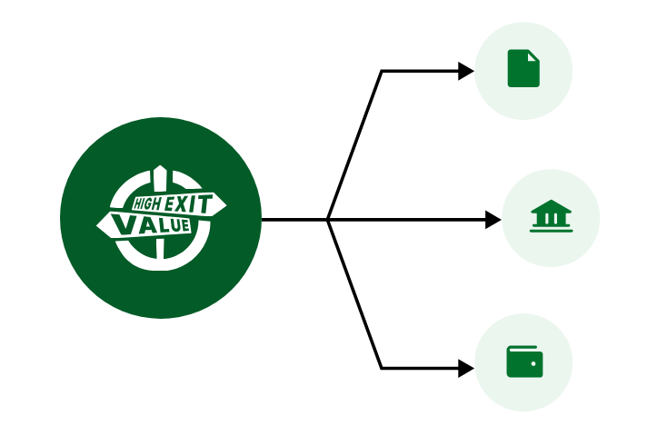 High Exit Value logo linked to documents, banking and payment icons