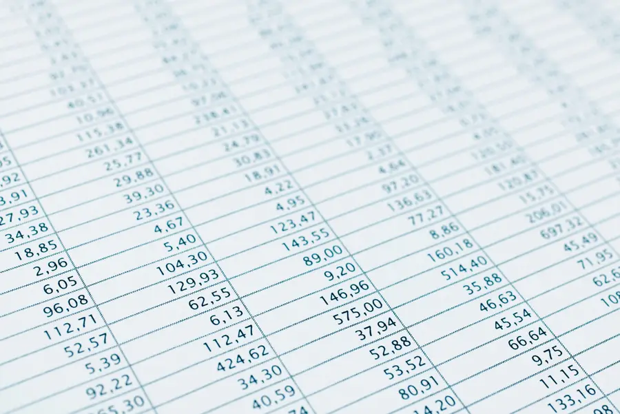 Close-up of a printed spreadsheet full of financial figures