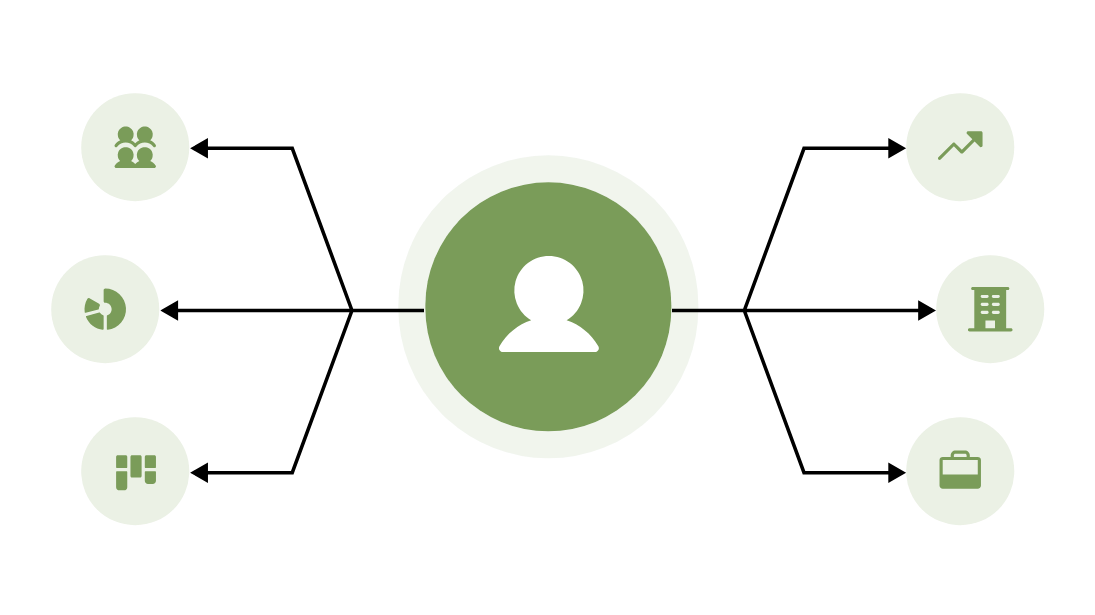 Fractional COO illustration: a central person linked to team, growth, analytics, facilities and workflow icons