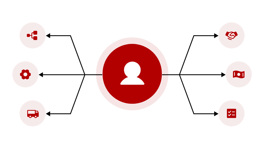 Fractional CRO illustration: a central person linked to sales process, partnerships, operations, revenue and logistics icons