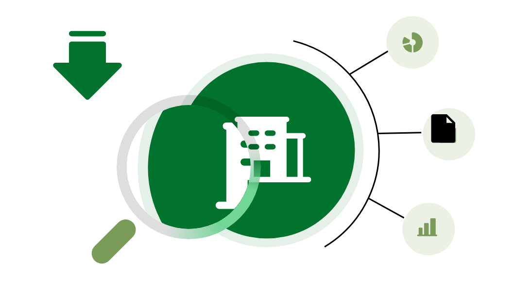 Buy-side illustration: a magnifying glass over a company building with a downward acquisition arrow
