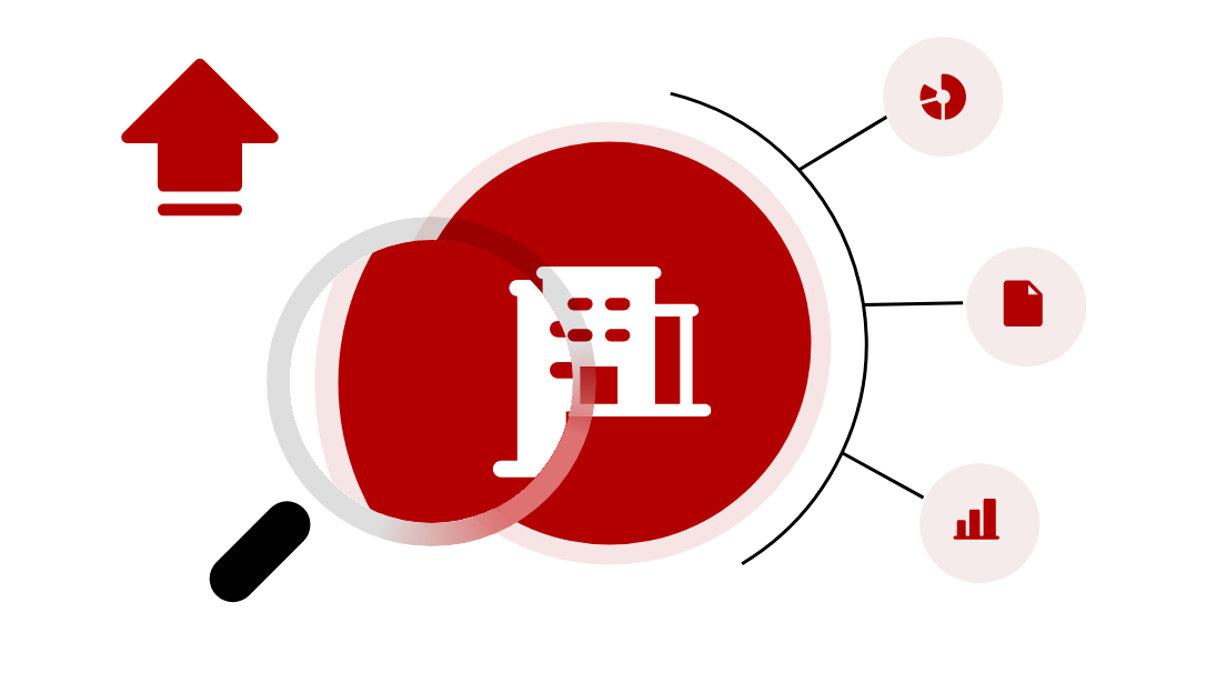 Sell-side illustration: a magnifying glass over a company building with an upward sale arrow
